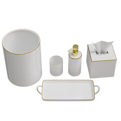 Collection of white bathroom accessories with gold trim arranged on a flat surface showing modern design elements