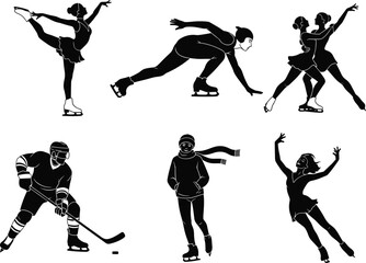 Ice skating silhouettes, figure skaters, speed skating, ice hockey player, winter sports, recreational activity, competition, flat vector