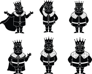 King character silhouettes, royal crown figures, monarchy illustration poses, regal costume design art, flat vector collection