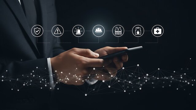 Businessman using a smartphone with a futuristic digital interface displaying various business and technology icons representing innovation and connectivity in a modern corporate setting - Powered by Adobe