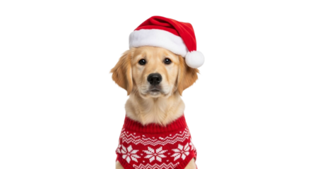 Portrait of adorable golden retriever puppy, wearing festive red Christmas sweater with white snowflake pattern and Santa hat - Christmas pet, holiday celebration, winter season concept 
