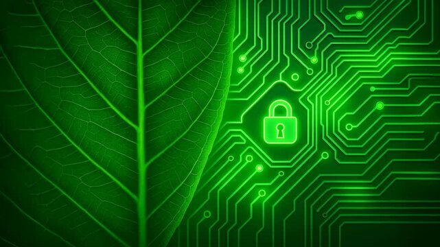 Innovation in green technology merges natures leaf with digital circuit for ultimate data security. powerful concept for environmental protection and secure digital environment