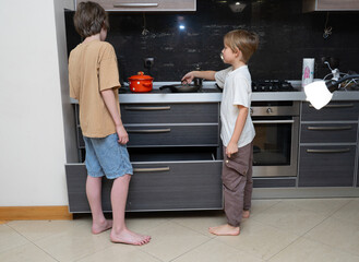 Two young brothers cooking together in a modern kitchen. Kids learning domestic skills at home