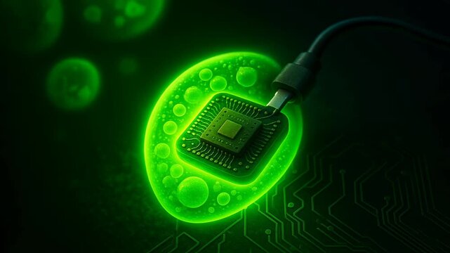 Future of green technology innovation symbolic connection in biotechnology and science where glowing leaf integrates with microchip, merging with nature