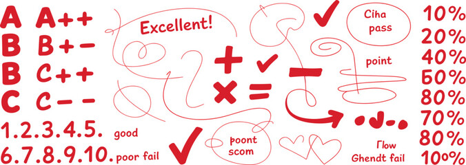 Grading marks, handwritten evaluation symbols, teacher feedback, red annotation set, percentage scores, vector design, flat illustration, academic rating, exam correction