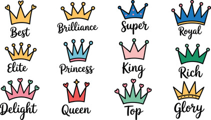 Colorful crown icons, royalty concept, excellence titles, symbolic vector design, regal illustration, leadership attributes, decorative elements, black and white layout