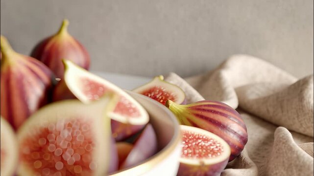 Ripe figs sliced and whole nestling in pristine white porcelain bowl with golden accent, resting on marble surface near delicate linen fabric video 4k