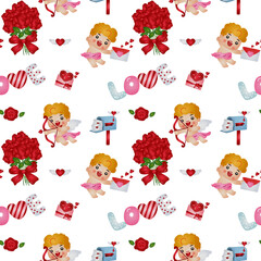 Seamless Pattern with Cupid and Love Elements