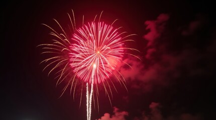 Spectacular red firework burst illuminates the dark night sky with a vibrant explosion.