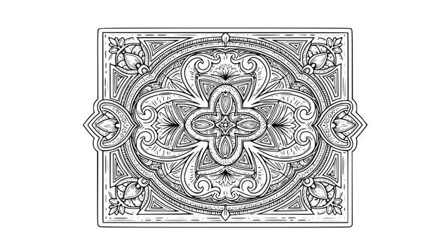 Vintage playing card back design, ornate line art, symmetrical pattern, vector illustration, detailed engraving style, isolated