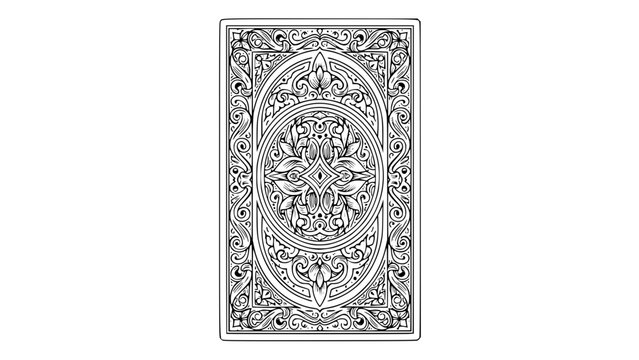 Vintage playing card back design, ornate line art, symmetrical pattern, vector illustration, detailed engraving style, isolated