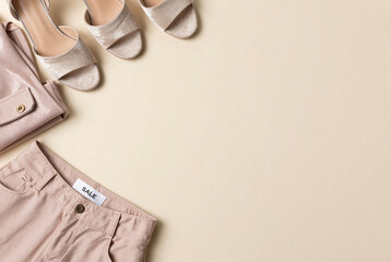 Flat lay of clothing and shoes on a beige background.