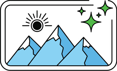 Simple Outline Vector Illustration of a Mountain Landscape with Sun and Green Sparkles Inside a Rounded Frame for Travel, Nature