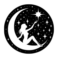 silhouette of a female figure sitting on a crescent moon, reaching towards a bright star vector image illustration