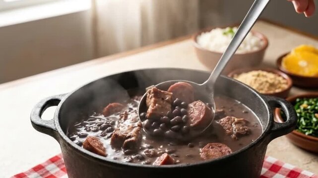 Delicious traditional Brazilian feijoada served with a ladle from a steaming black iron pot, with rice, farofa, and collard greens in the background on the table.