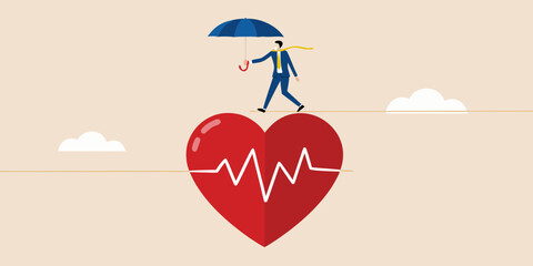 Man walking on a rope over a heart sheltered by an umbrella