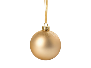 A matte gold Christmas bauble ball, hanging on gold satin ribbon, isolated on transparent background, cut out png - Christmas tree decoration, ornament, holiday winter season concept