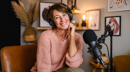 Middle aged woman fitness coach streaming live podcast at home - Interview, host and lifestyle concept - Model by AI generative