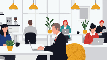 Diverse professionals collaborating efficiently in a modern open-plan office, fostering productivity and teamwork in a dynamic workspace