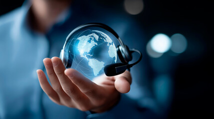 Faceless hand holding global technical support network connection help desk system interface maintenance troubleshooting software hardware solutions expertise remote assistance