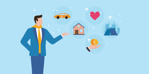 A man presenting dreams of wealth home love and travel