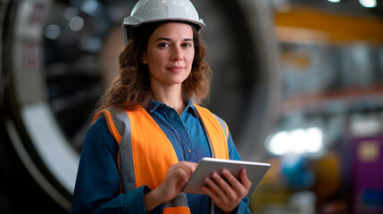 Faceless woman in front of jet engine facility safety helmet reflective vest holding tablet device aviation engineering inspection professional airline roles defocused