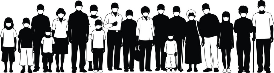 Diverse, Multi-Generational Group of People Wearing Protective Medical Face Masks, Standing Together in a Crowd, Representing Public Health and Social Distancing Awareness.