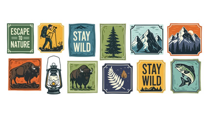 A collection of vintage-style outdoor adventure emblems and patches for camping, hiking, and wilderness exploration