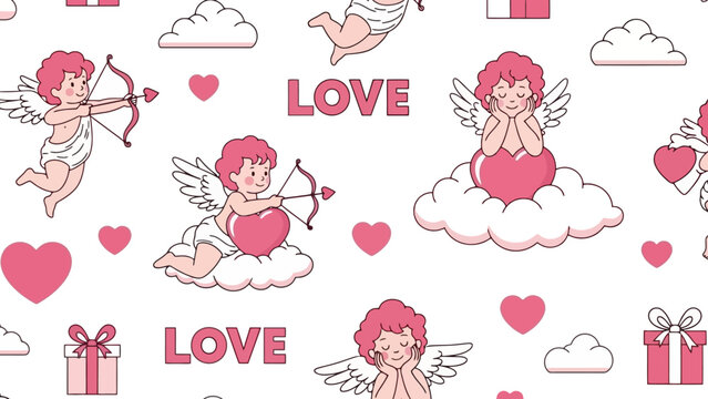 Seamless pattern with cupid angels, hearts, gift box and clouds for Valentine's Day background