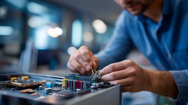 Faceless IT engineer hands installing hardware equipment development facility maintenance computer motherboard repair electronic shop technology professional technical service