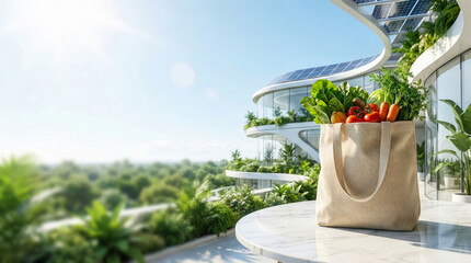 Fototapeta premium Healthy harvest of fresh organic vegetables in a reusable linen bag, placed on a sunlit table with a blurred background of a high-tech green sustainable city.