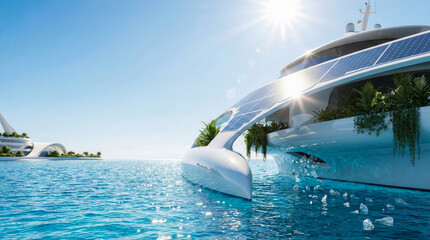  Visual metaphors for saving the planet, including a futuristic plastic-cleaning yacht, lung-shaped islands, and a handshake between human and nature symbolizing partnership.