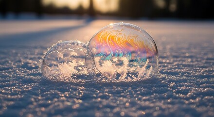 Fototapeta premium Stunning frozen soap bubble displaying vibrant rainbow colors on sparkling winter snow