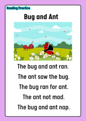 Whimsical children's story illustration depicting a friendly ladybug and a diligent ant's adventure in a vibrant meadow, perfect for early reading practice and joyful learning