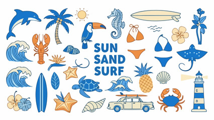 Summer Beach Adventures Sun, Sand, and Surf Icons Featuring Marine Life, Flora, and Fun