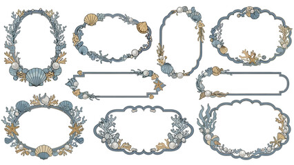 Elegant Ocean Frames with Shells, Coral, and Seaweed, Perfect for Aquatic Designs and Invitations