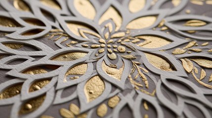 The macro of the openwork paper cutout with gold embossing is a decorative ornament