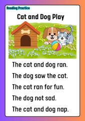 Engaging Cat and Dog Play illustration for children's reading practice, showing a happy puppy and kitten enjoying time together in a vibrant green garden with simple sentences