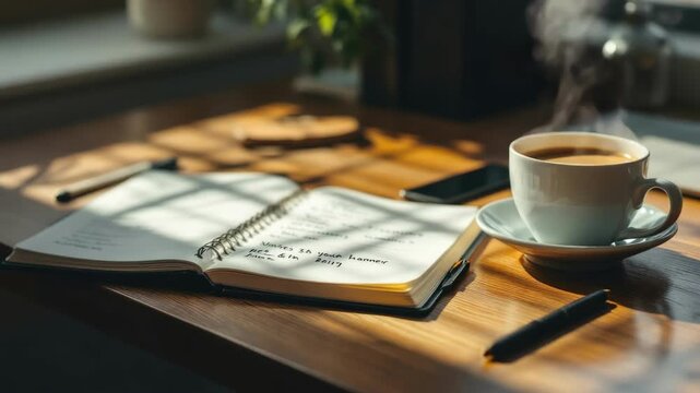 Cozy morning workspace with open notebook and coffee on sunlit wooden desk