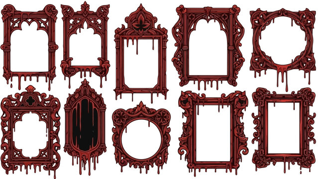 Set of Ornate Pixel Art Gothic Frames with Dripping Crimson Edges, Perfect for Halloween, Vintage Horror Themes, and Unique Digital Design Embellishments