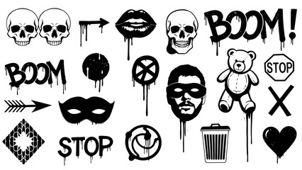 A collection of monochrome street art elements in a dripping graffiti stencil style, featuring skulls, hearts, and urban symbols © Myanee