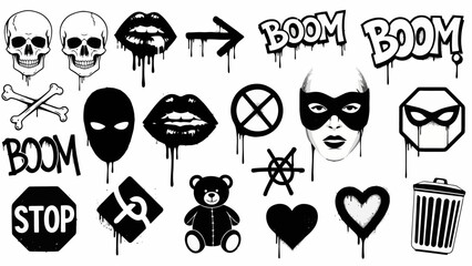 Graffiti Style Icons Skulls, Lips, Hearts, and More for Urban Art Design © Myanee