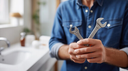 Faceless plumber hands holding two adjustable wrenches bathroom fixture repair toilet maintenance work plumbing service professional residential installation task defocused