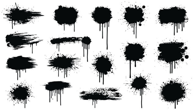 Set of black grunge ink splatters, artistic paint drips, and abstract brush stroke elements for creative design