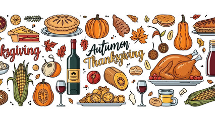 A vibrant collection of hand-drawn Thanksgiving dinner elements arranged in a seamless banner for holiday celebration design