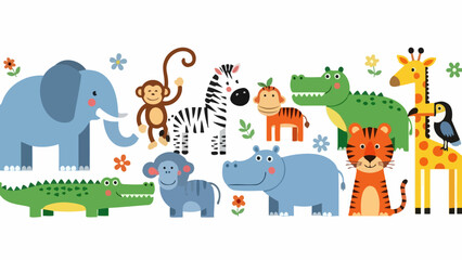A vibrant and playful illustration featuring a diverse collection of cute cartoon jungle and safari animal friends