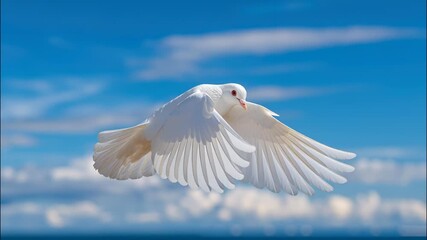 White dove soaring gracefully against a backdrop of blue sky and white clouds, symbolizing peace, hope, and spirituality video 4k - Powered by Adobe