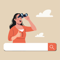 Young woman looking in binocular on search bar. Flat style cartoon vector illustration.