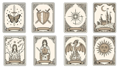 Conceptual vintage mystical illustration cards set, depicting symbolic fantasy elements dragons, celestial suns, brave warriors, and ancient castles, ideal for game design or spiritual art projects