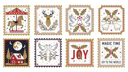 A delightful collection of vintage-inspired postage stamps, perfect for conveying festive cheer and seasonal joy through charming illustrations and classic winter motifs